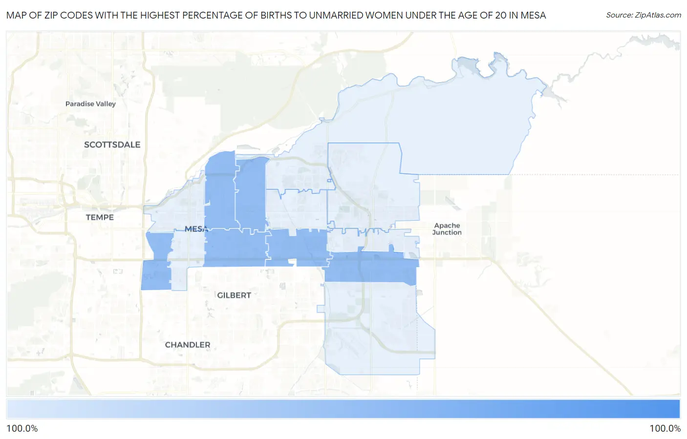 Zip Codes with the Highest Percentage of Births to Unmarried Women under the Age of 20 in Mesa Map