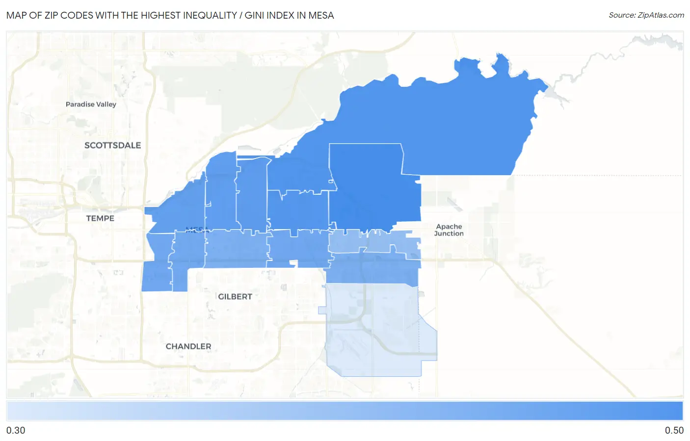 Zip Codes with the Highest Inequality / Gini Index in Mesa Map
