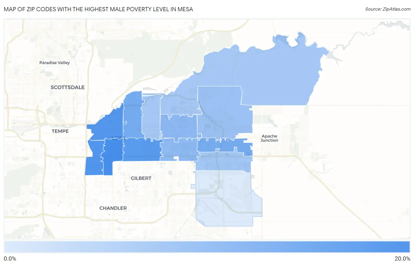 Zip Codes with the Highest Male Poverty Level in Mesa Map