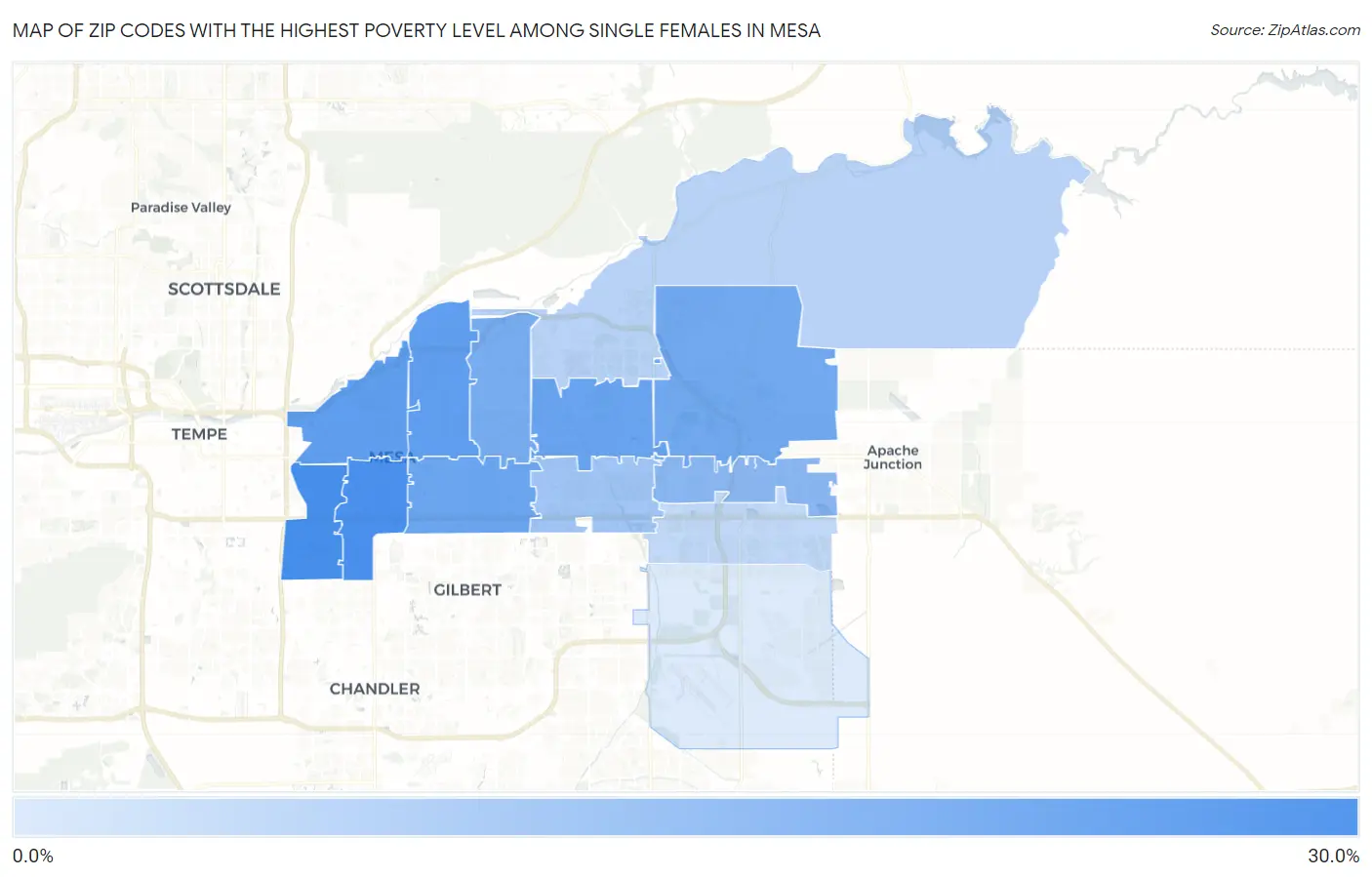 Zip Codes with the Highest Poverty Level Among Single Females in Mesa Map