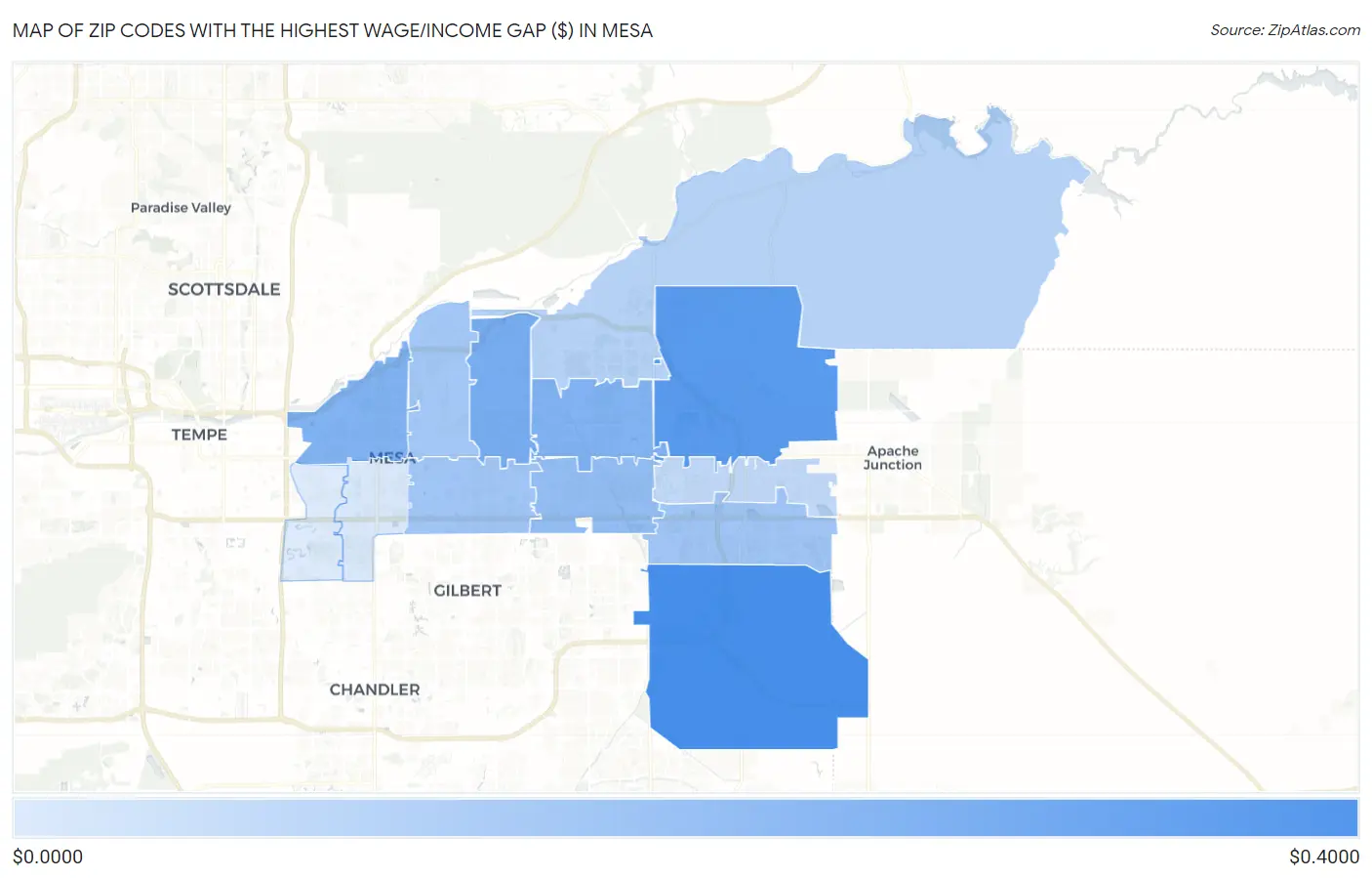 Zip Codes with the Highest Wage/Income Gap ($) in Mesa Map