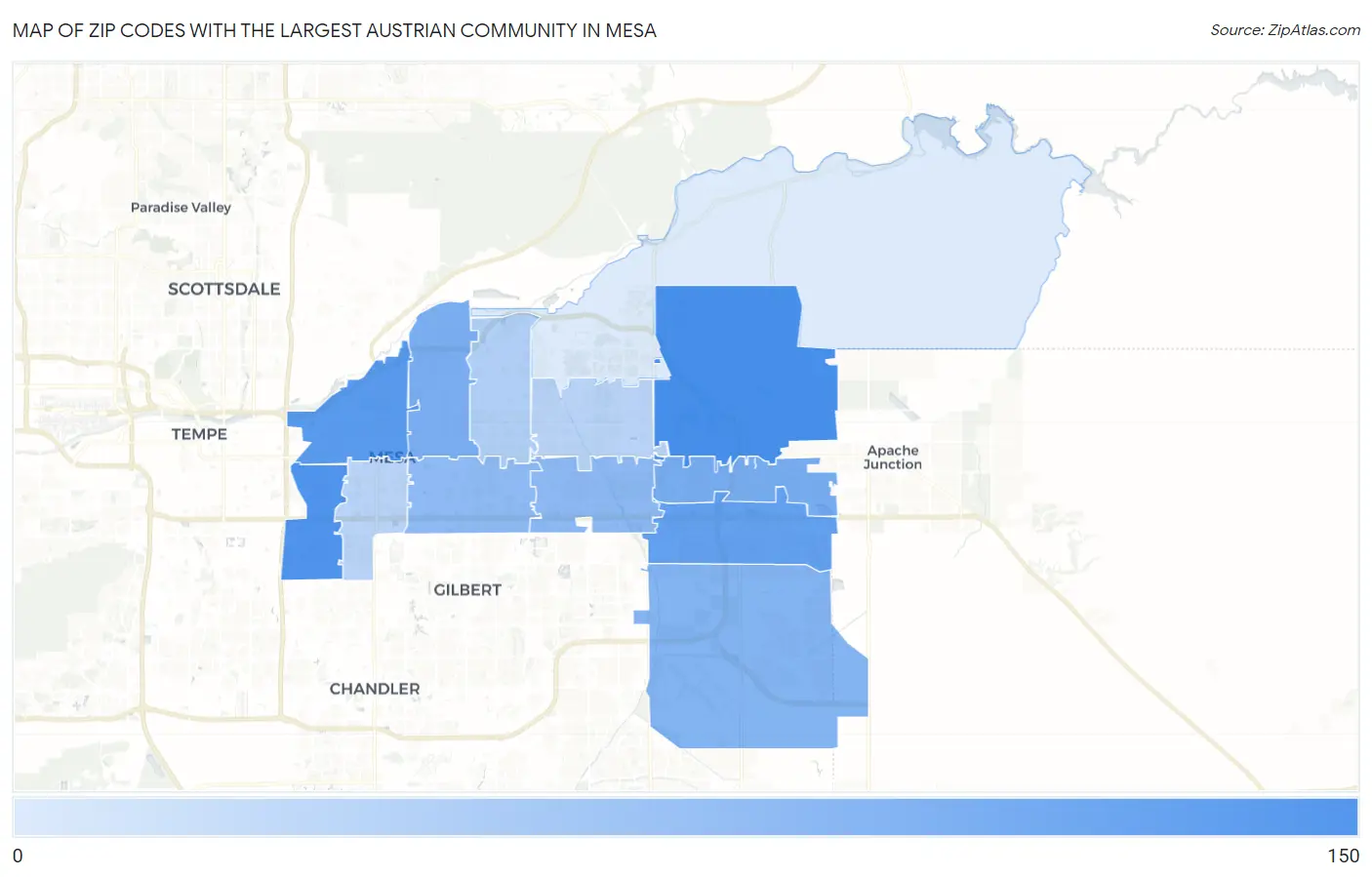 Zip Codes with the Largest Austrian Community in Mesa Map