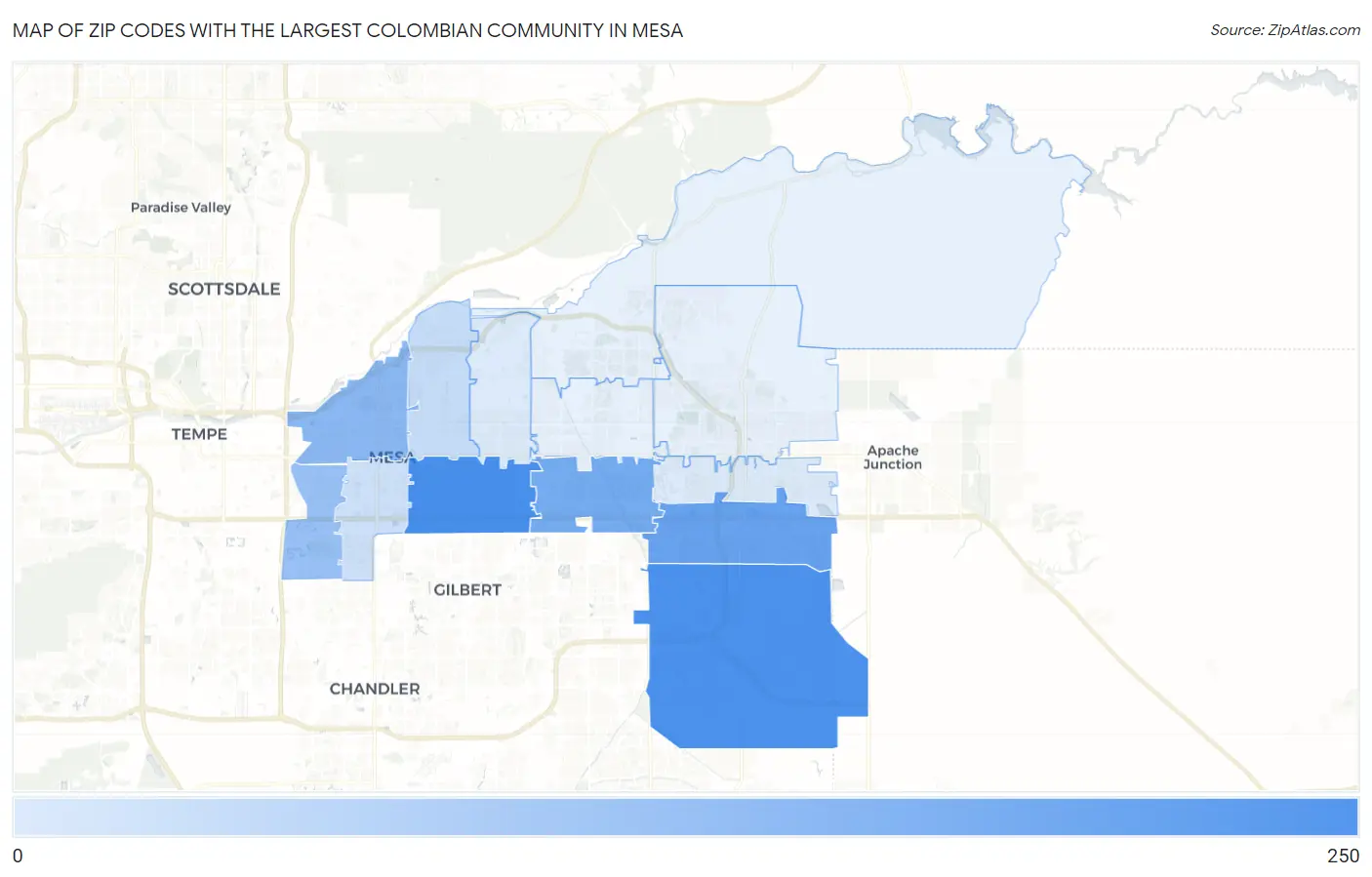 Zip Codes with the Largest Colombian Community in Mesa Map