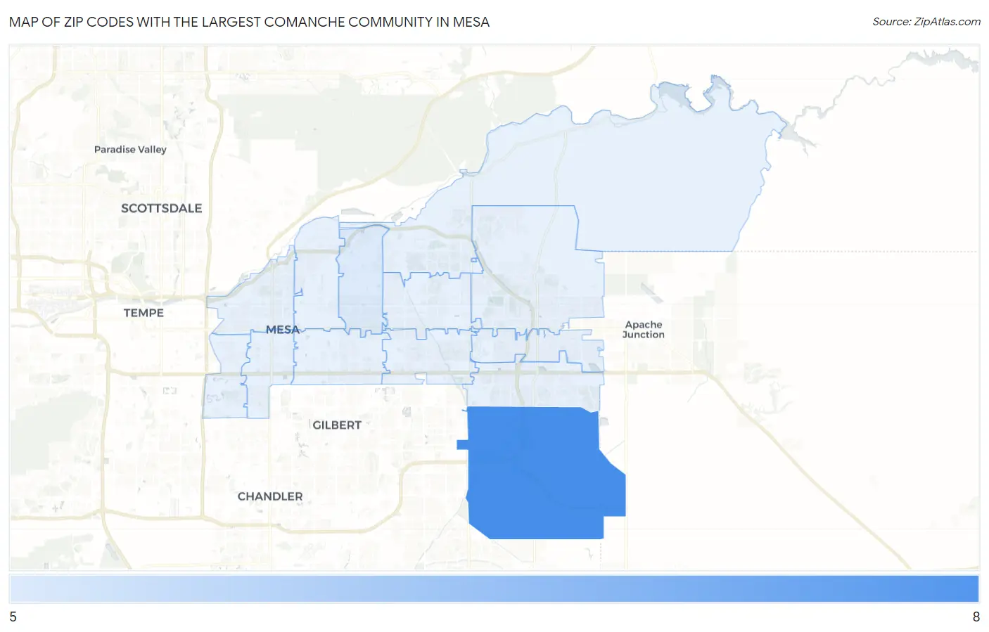 Zip Codes with the Largest Comanche Community in Mesa Map