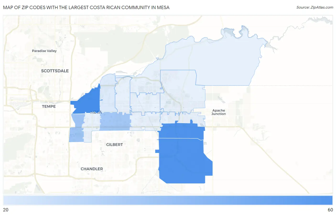 Zip Codes with the Largest Costa Rican Community in Mesa Map
