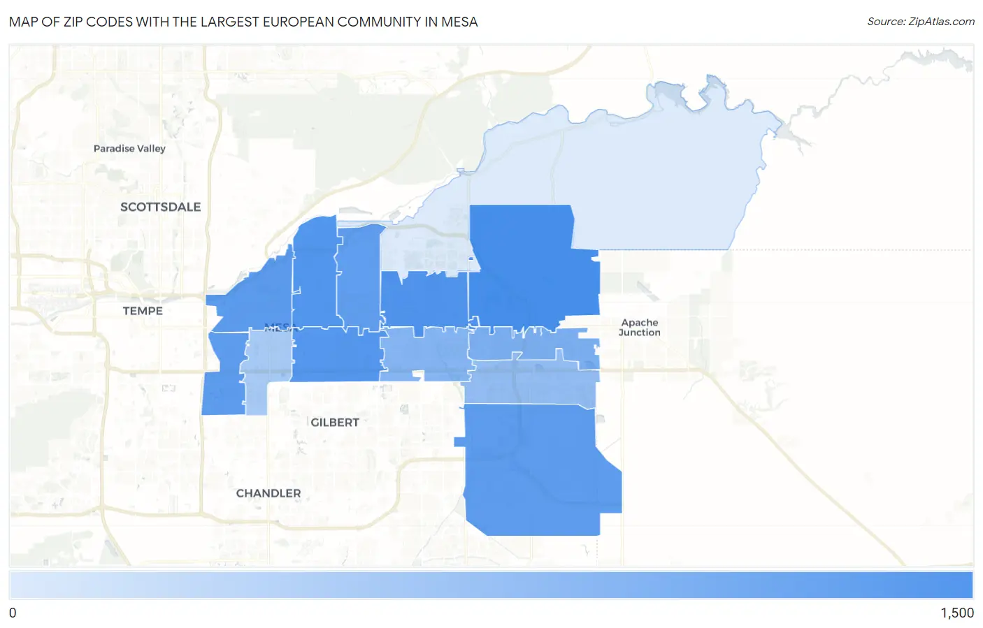 Zip Codes with the Largest European Community in Mesa Map