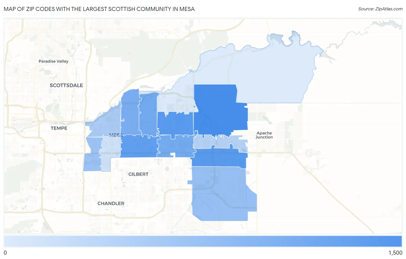 Zip Codes with the Largest Scottish Community in Mesa Map
