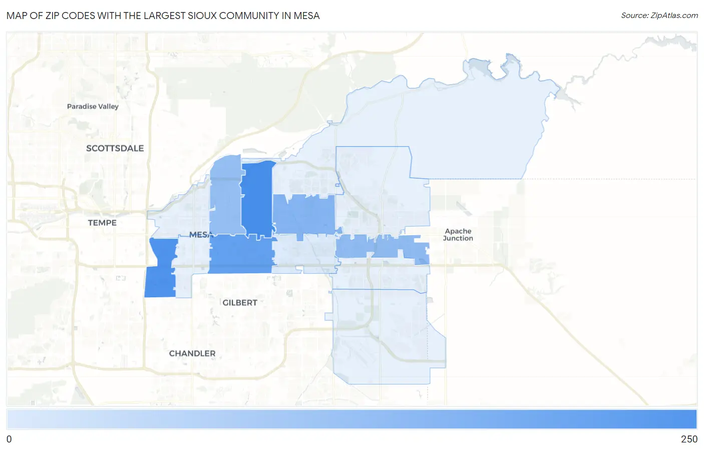 Zip Codes with the Largest Sioux Community in Mesa Map