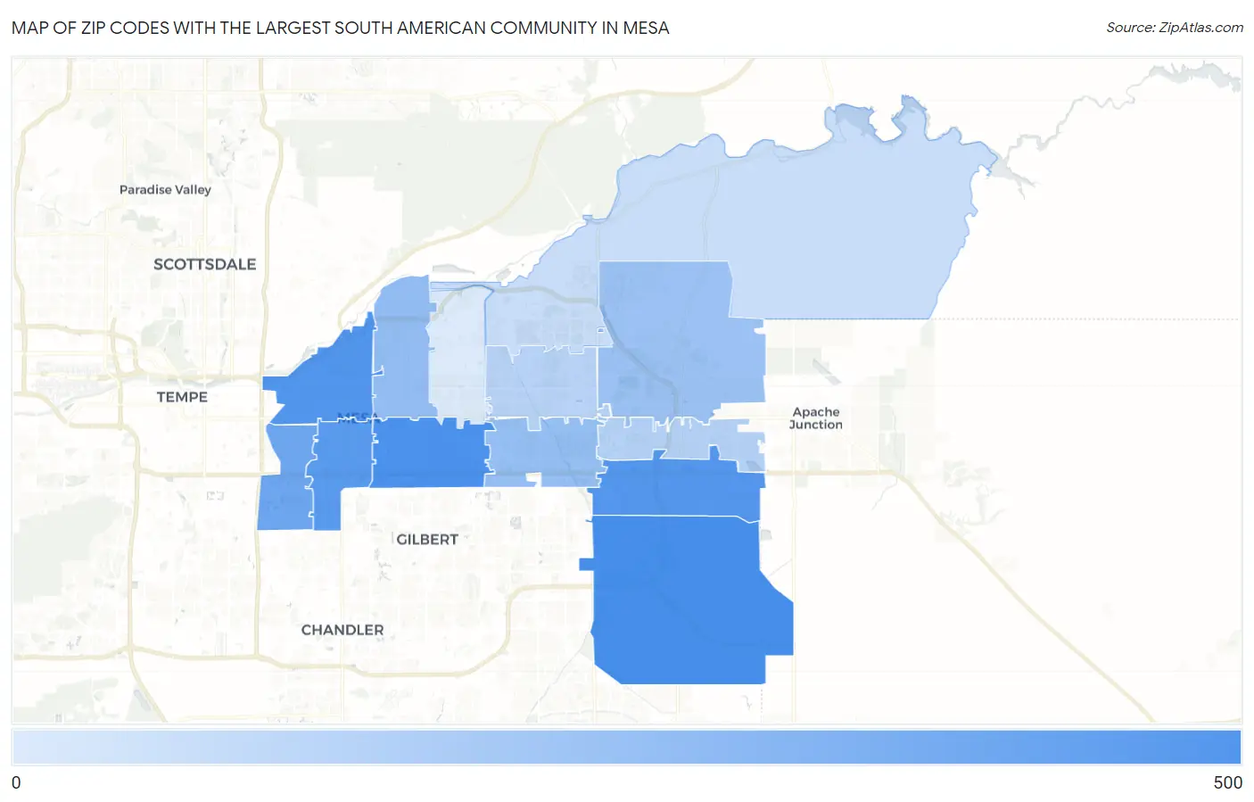 Zip Codes with the Largest South American Community in Mesa Map