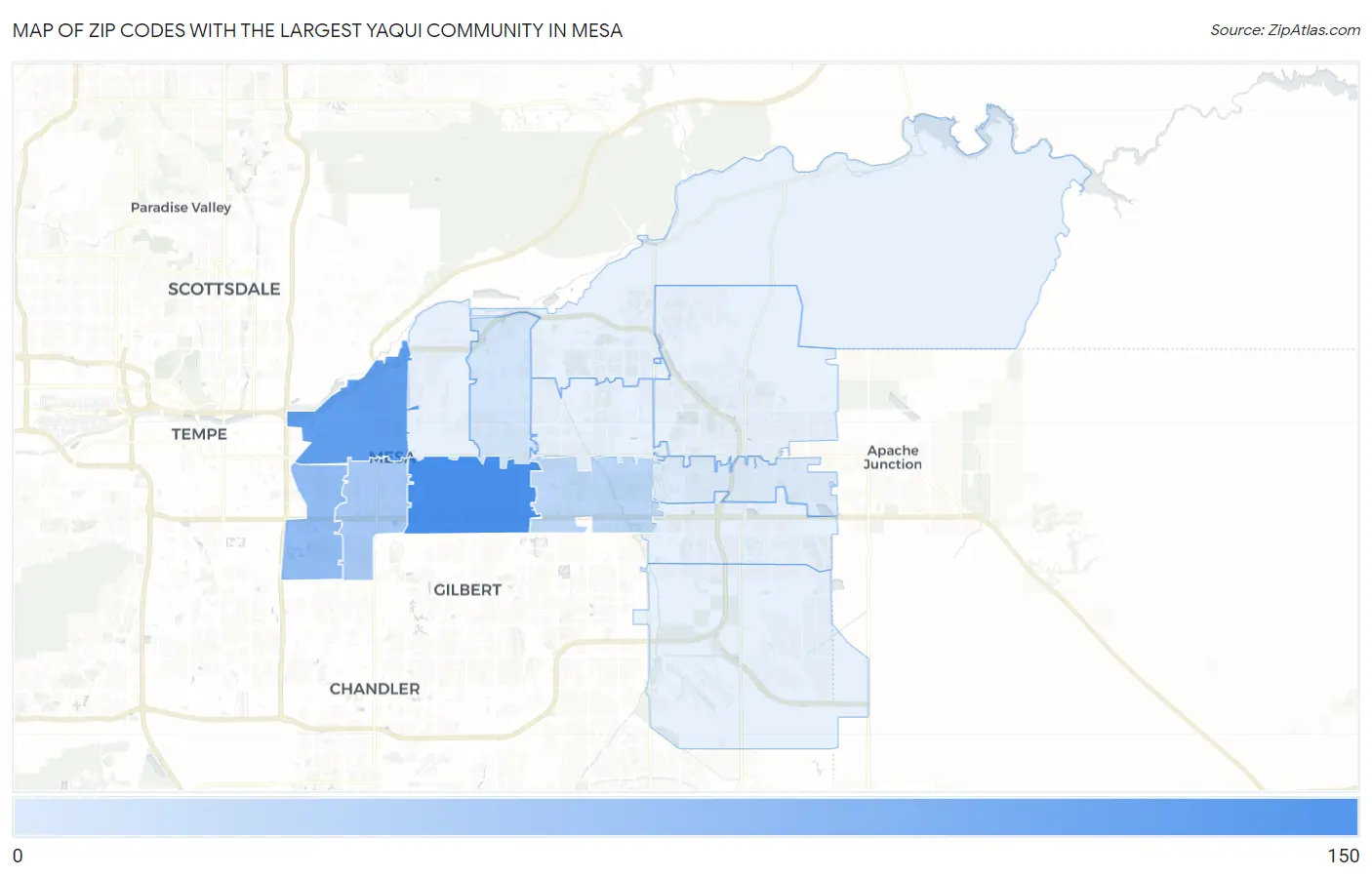 Zip Codes with the Largest Yaqui Community in Mesa Map