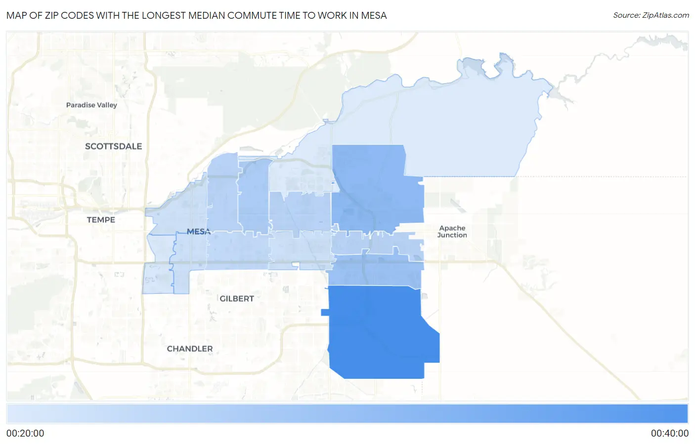 Zip Codes with the Longest Median Commute Time to Work in Mesa Map