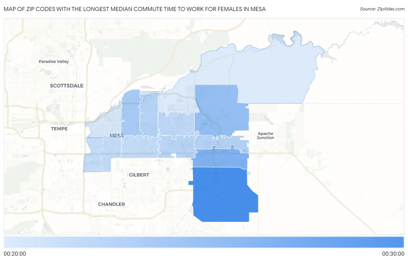 Zip Codes with the Longest Median Commute Time to Work for Females in Mesa Map