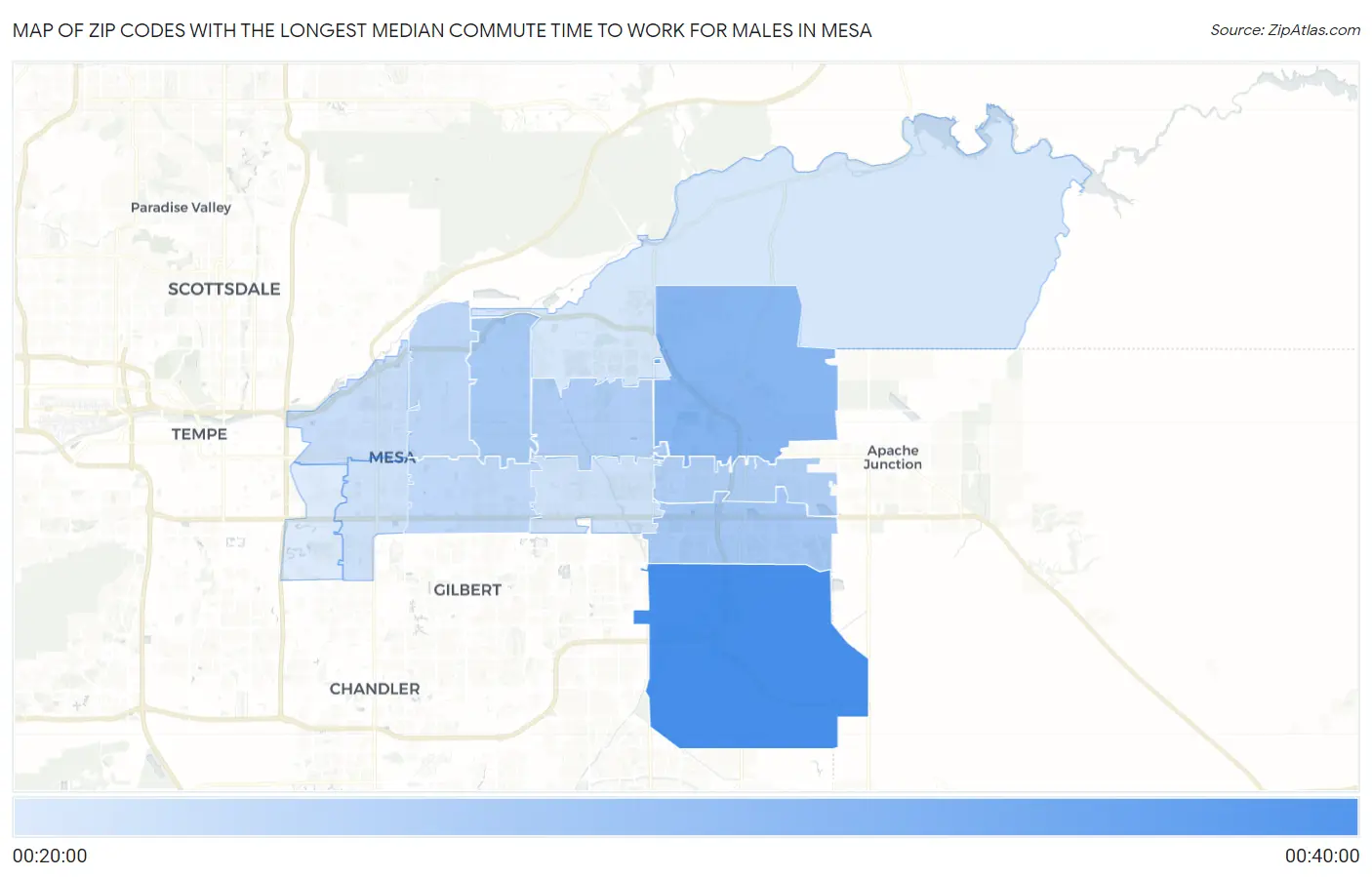 Zip Codes with the Longest Median Commute Time to Work for Males in Mesa Map