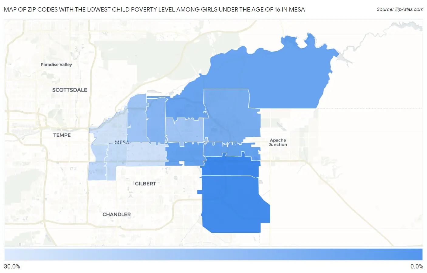 Zip Codes with the Lowest Child Poverty Level Among Girls Under the Age of 16 in Mesa Map