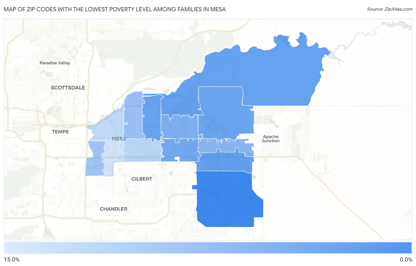 Zip Codes with the Lowest Poverty Level Among Families in Mesa Map