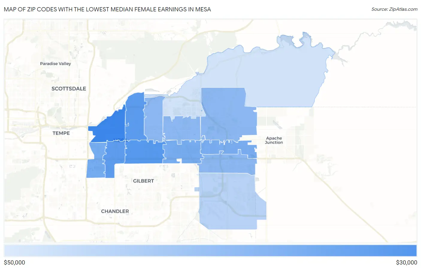 Zip Codes with the Lowest Median Female Earnings in Mesa Map