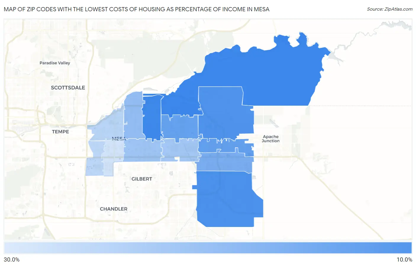 Zip Codes with the Lowest Costs of Housing as Percentage of Income in Mesa Map