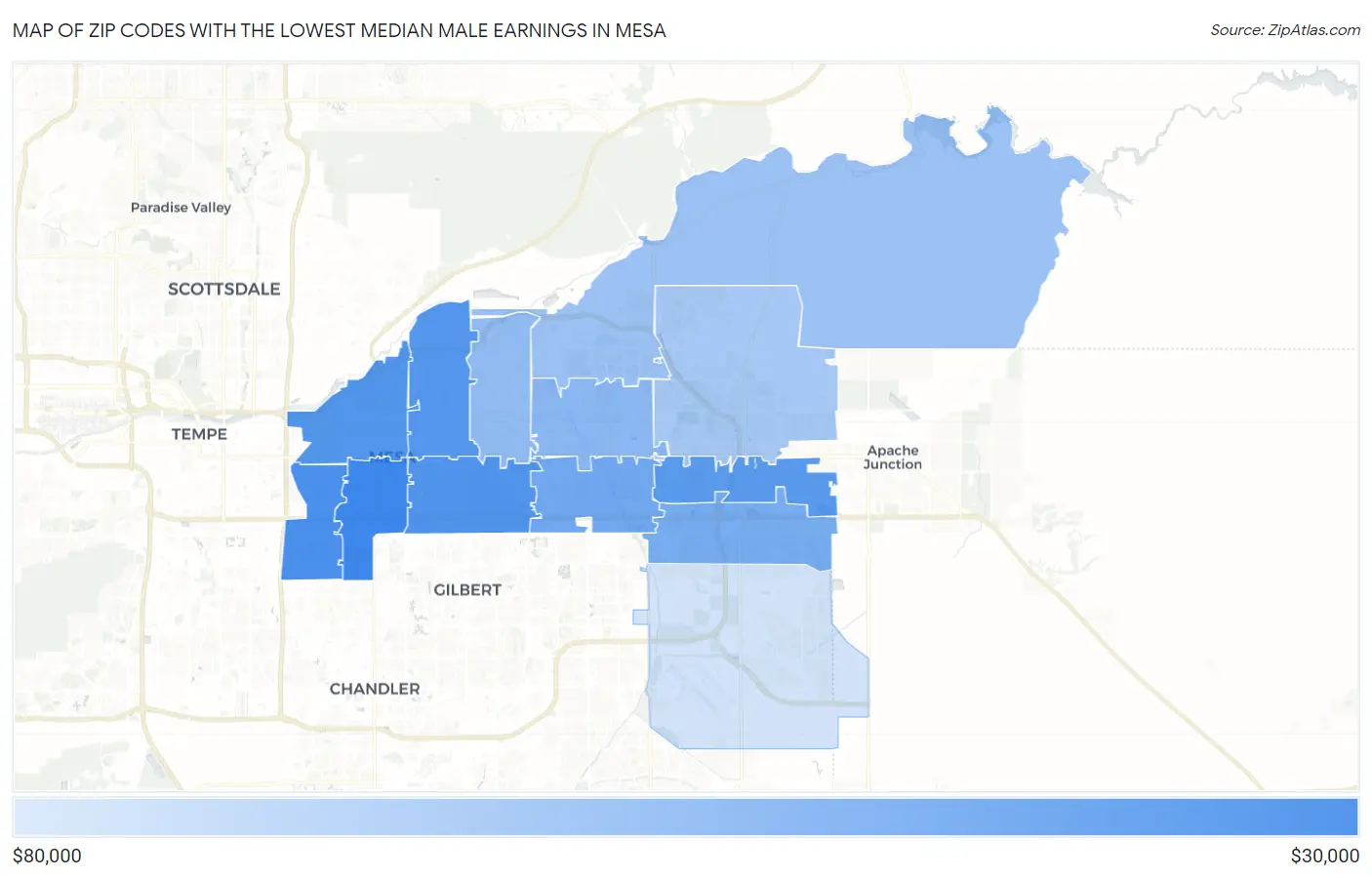 Zip Codes with the Lowest Median Male Earnings in Mesa Map