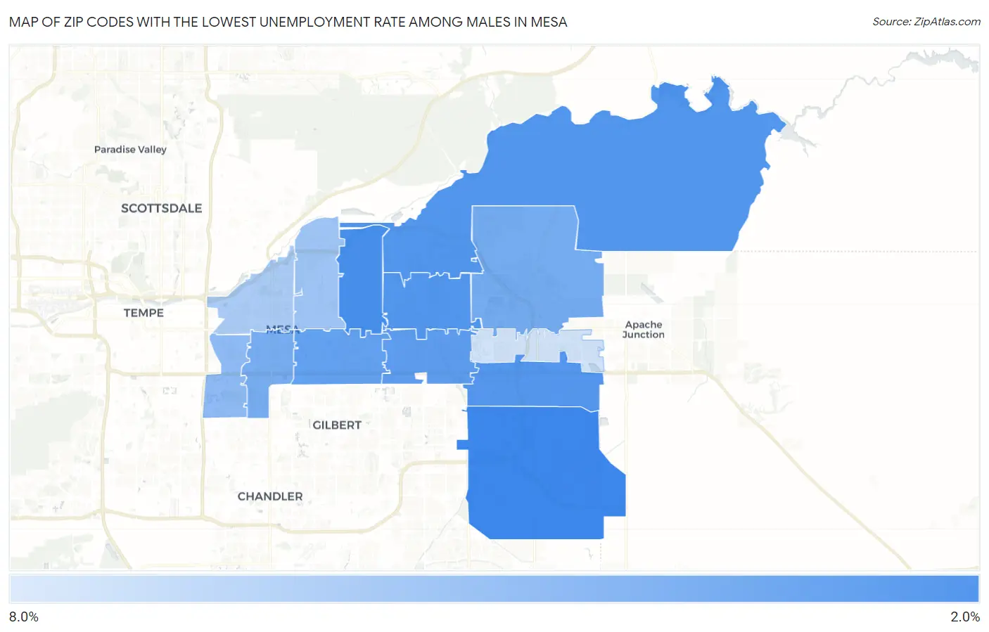 Zip Codes with the Lowest Unemployment Rate Among Males in Mesa Map