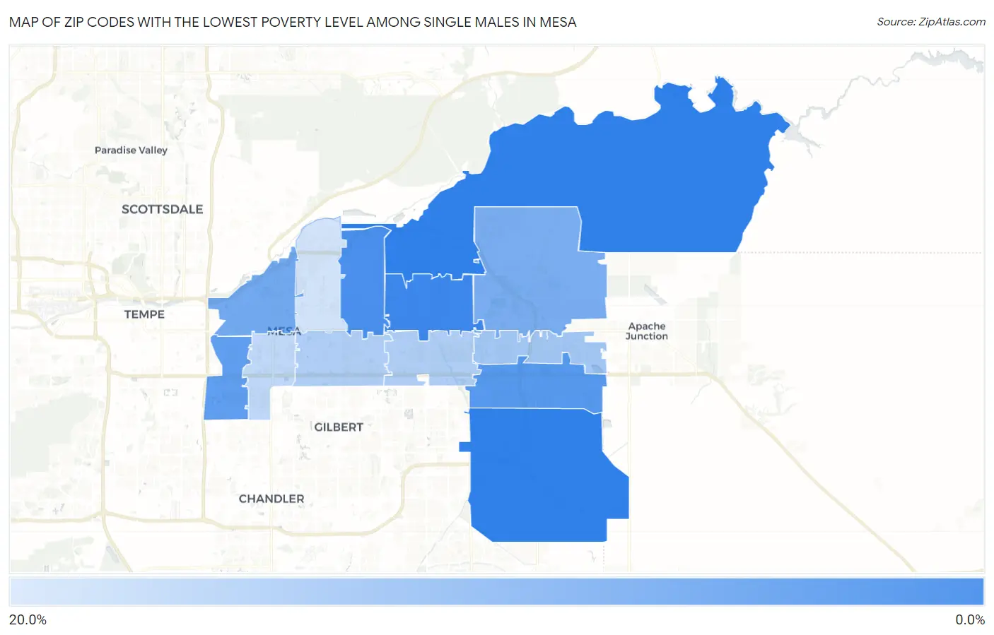 Zip Codes with the Lowest Poverty Level Among Single Males in Mesa Map