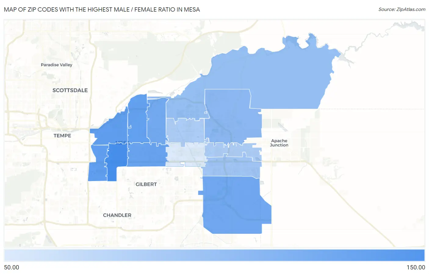 Zip Codes with the Highest Male / Female Ratio in Mesa Map
