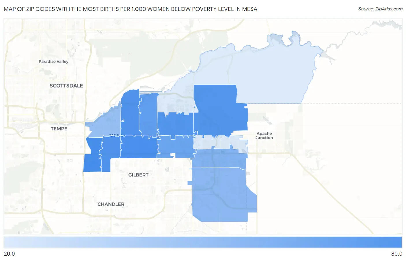 Zip Codes with the Most Births per 1,000 Women Below Poverty Level in Mesa Map