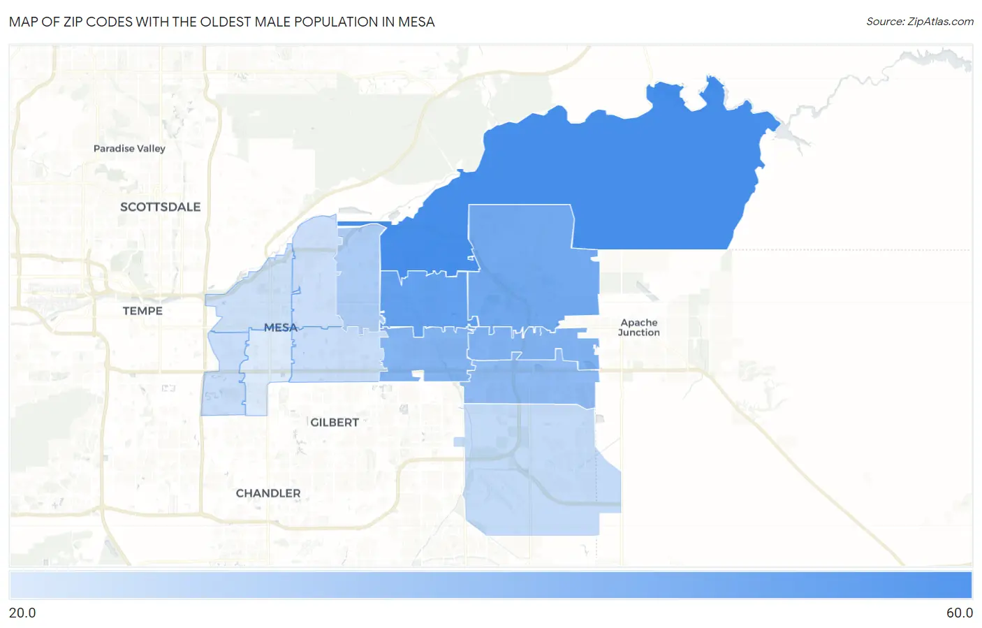 Zip Codes with the Oldest Male Population in Mesa Map