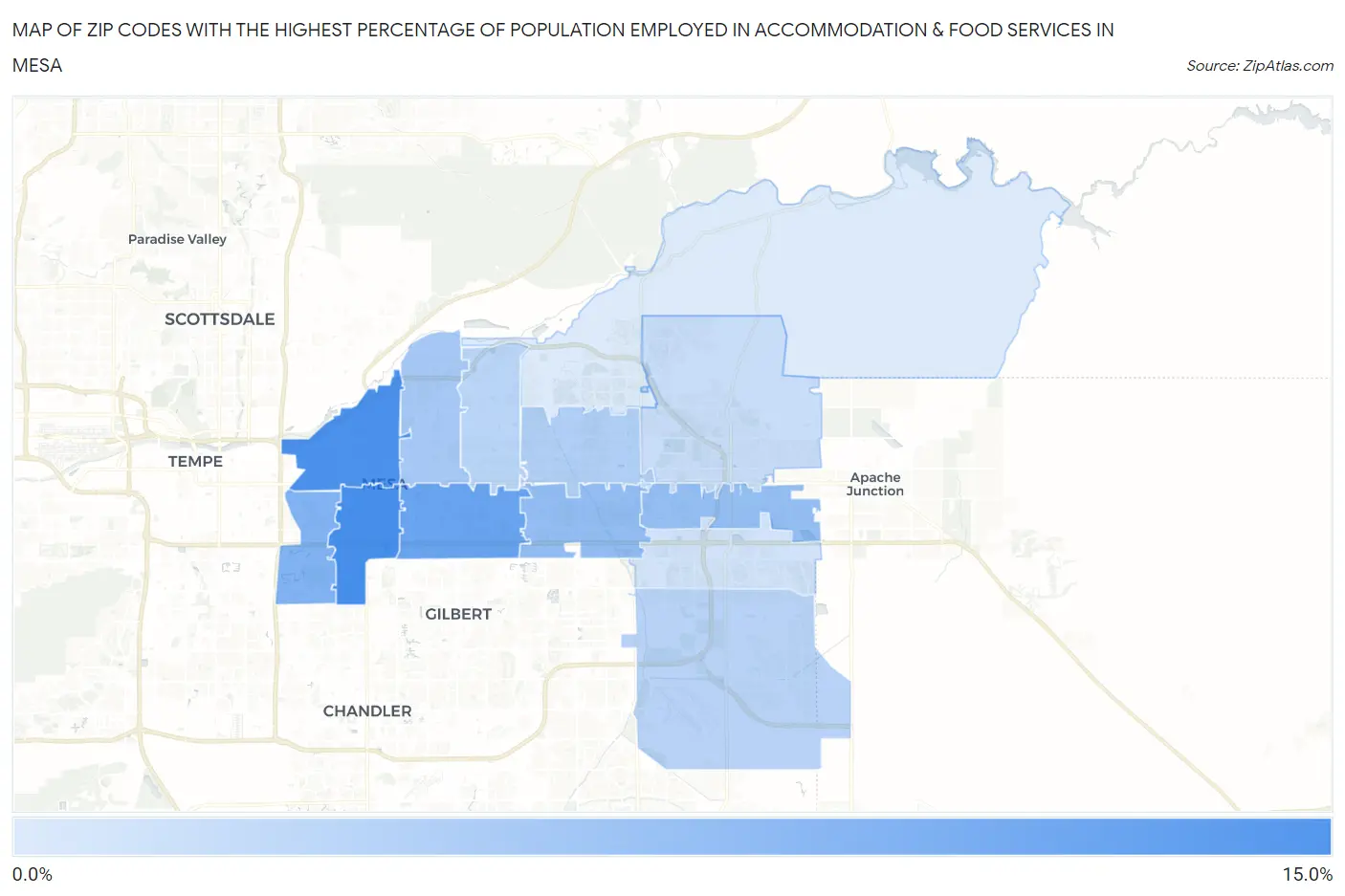 Zip Codes with the Highest Percentage of Population Employed in Accommodation & Food Services in Mesa Map