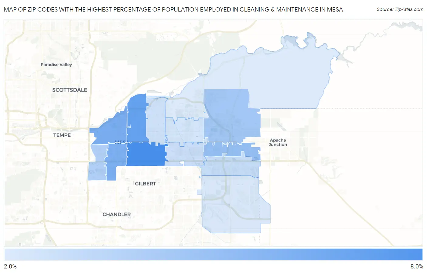 Zip Codes with the Highest Percentage of Population Employed in Cleaning & Maintenance in Mesa Map
