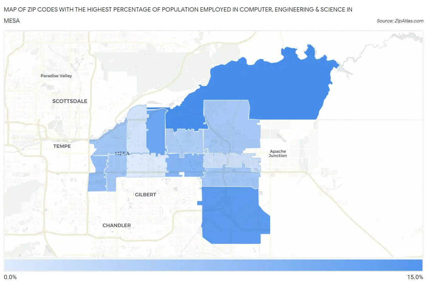 Zip Codes with the Highest Percentage of Population Employed in Computer, Engineering & Science in Mesa Map