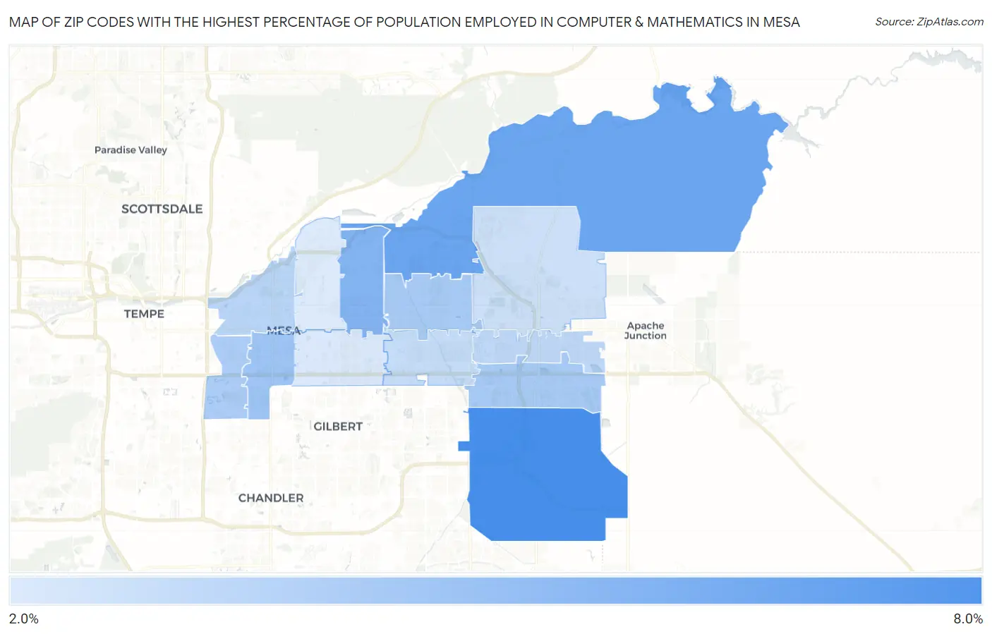 Zip Codes with the Highest Percentage of Population Employed in Computer & Mathematics in Mesa Map