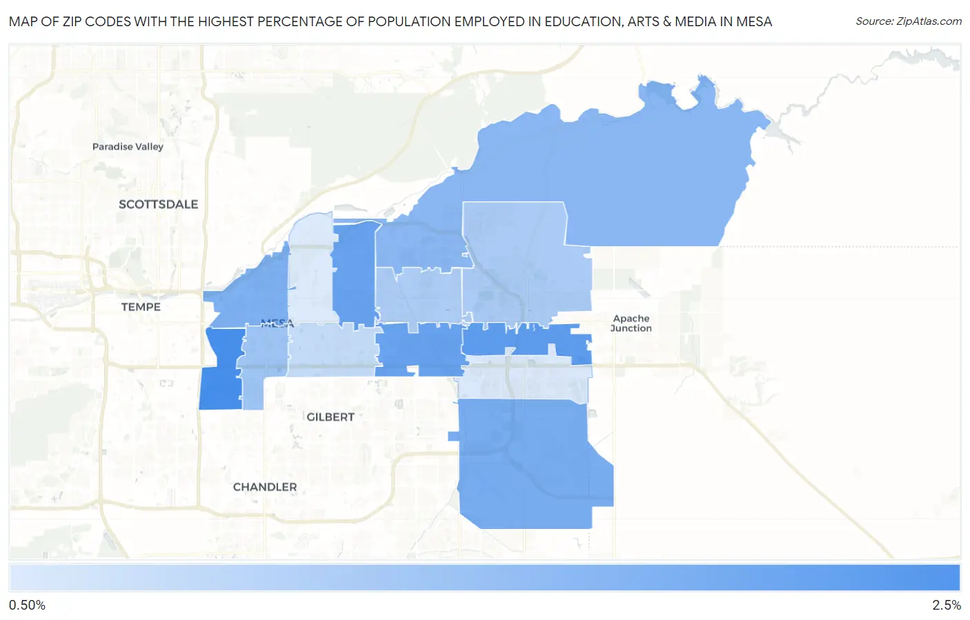 Zip Codes with the Highest Percentage of Population Employed in Education, Arts & Media in Mesa Map