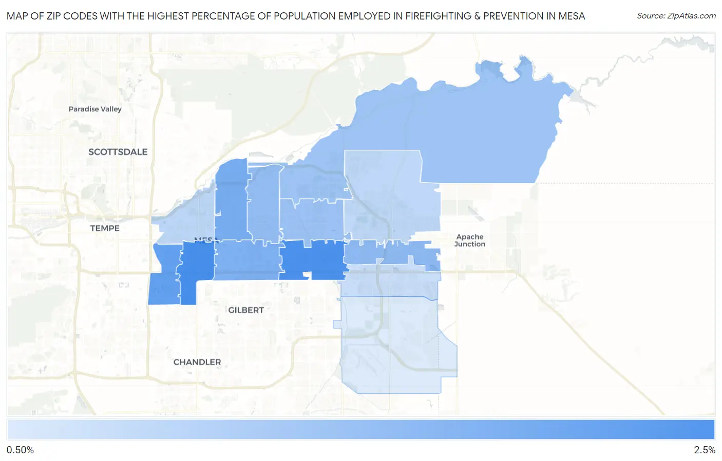 Zip Codes with the Highest Percentage of Population Employed in Firefighting & Prevention in Mesa Map