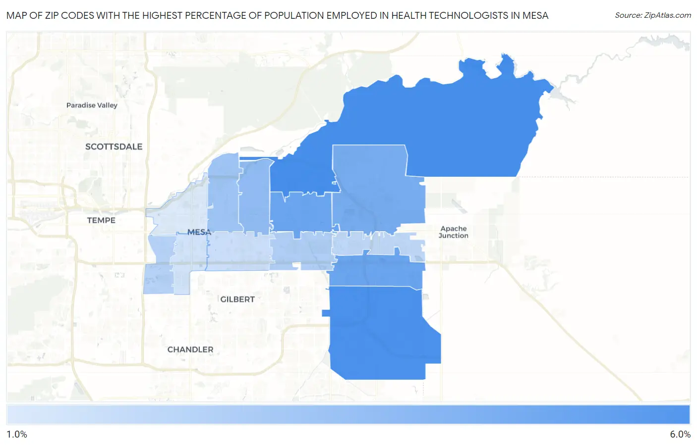 Zip Codes with the Highest Percentage of Population Employed in Health Technologists in Mesa Map