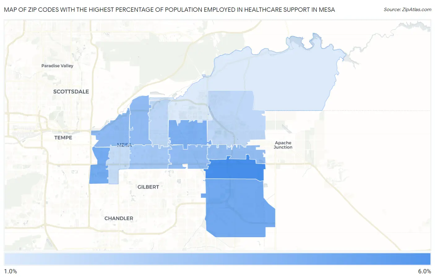 Zip Codes with the Highest Percentage of Population Employed in Healthcare Support in Mesa Map