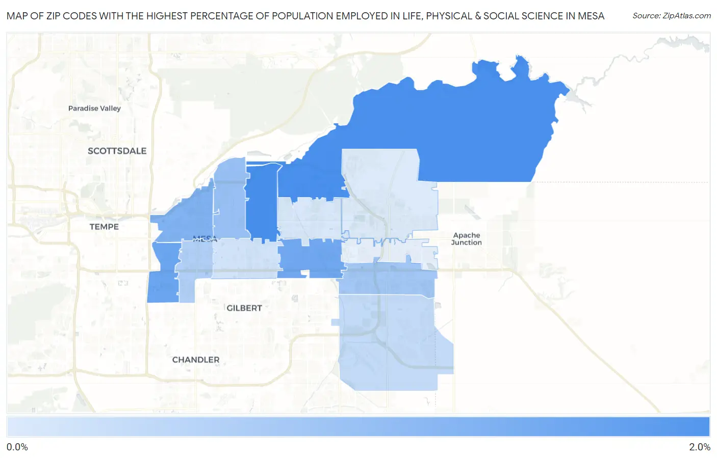 Zip Codes with the Highest Percentage of Population Employed in Life, Physical & Social Science in Mesa Map