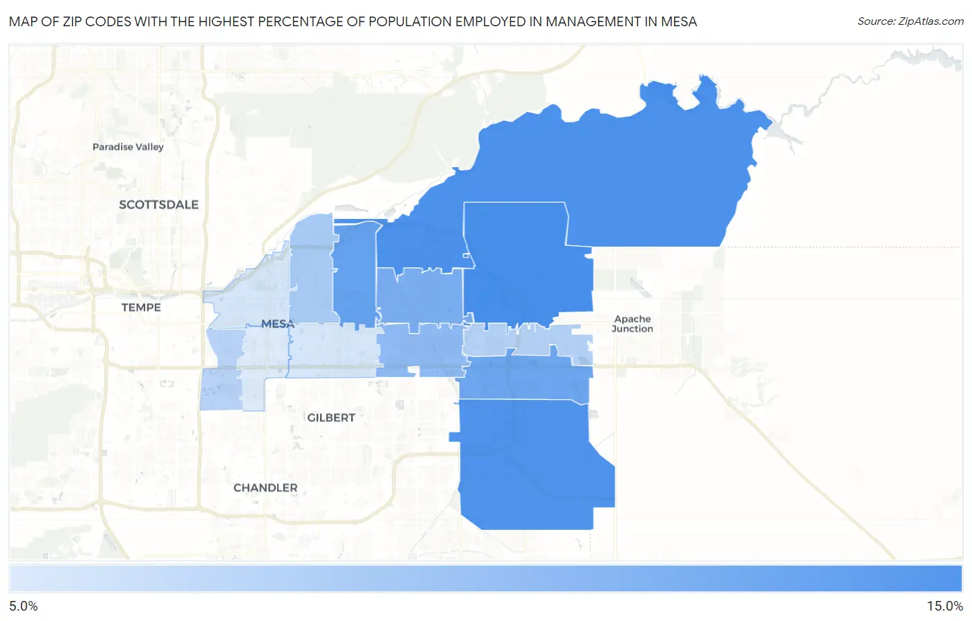 Zip Codes with the Highest Percentage of Population Employed in Management in Mesa Map