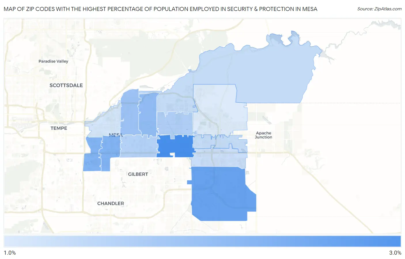Zip Codes with the Highest Percentage of Population Employed in Security & Protection in Mesa Map