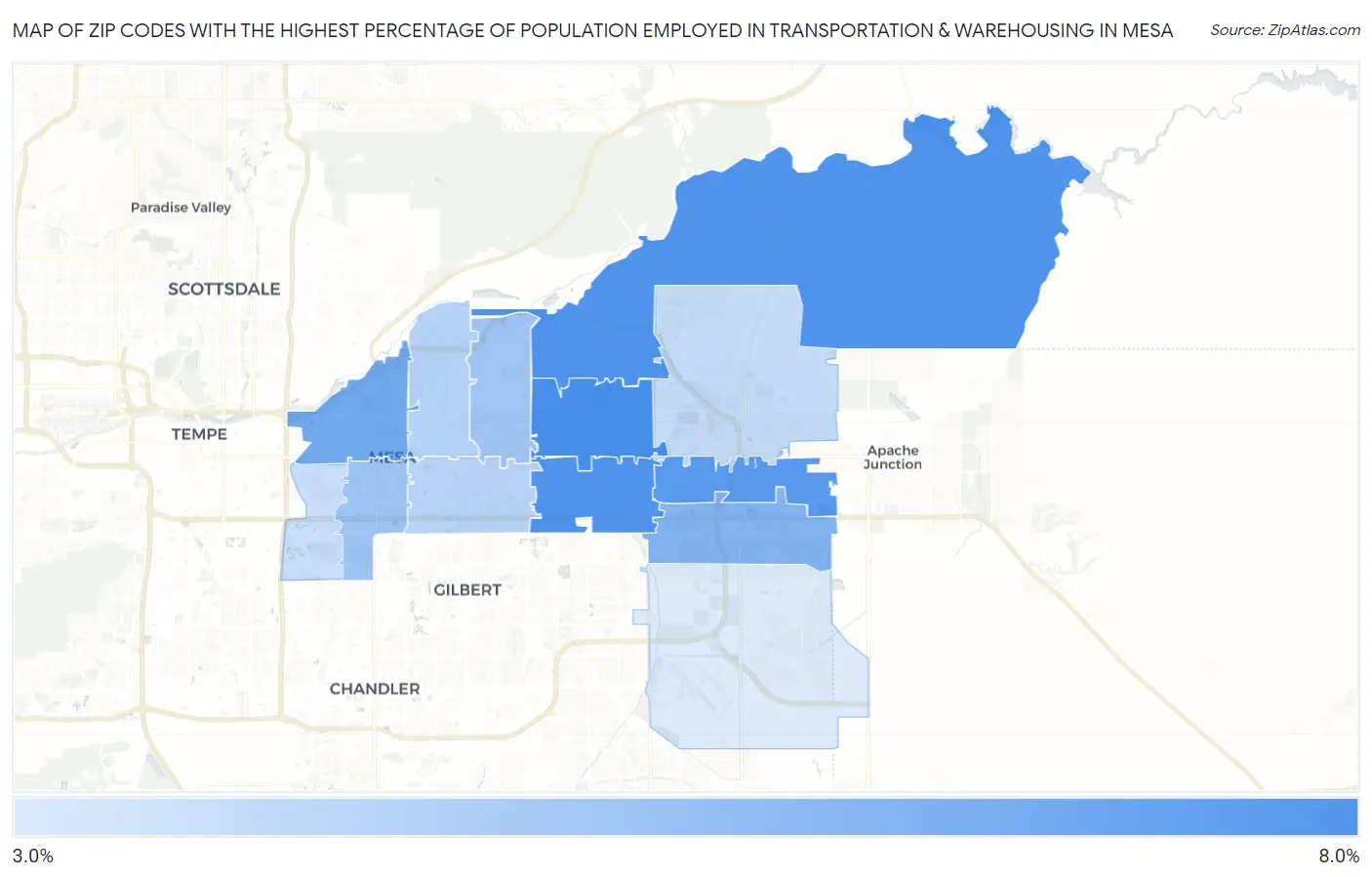 Zip Codes with the Highest Percentage of Population Employed in Transportation & Warehousing in Mesa Map