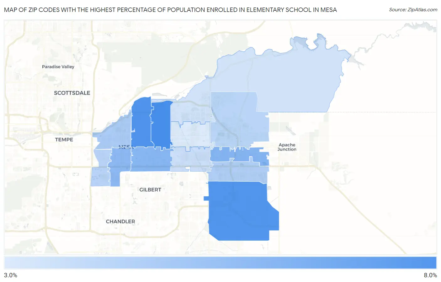 Zip Codes with the Highest Percentage of Population Enrolled in Elementary School in Mesa Map