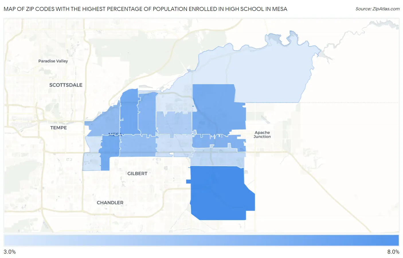 Zip Codes with the Highest Percentage of Population Enrolled in High School in Mesa Map