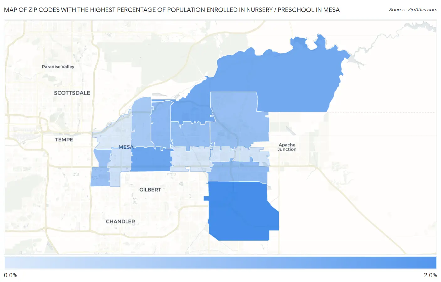 Zip Codes with the Highest Percentage of Population Enrolled in Nursery / Preschool in Mesa Map