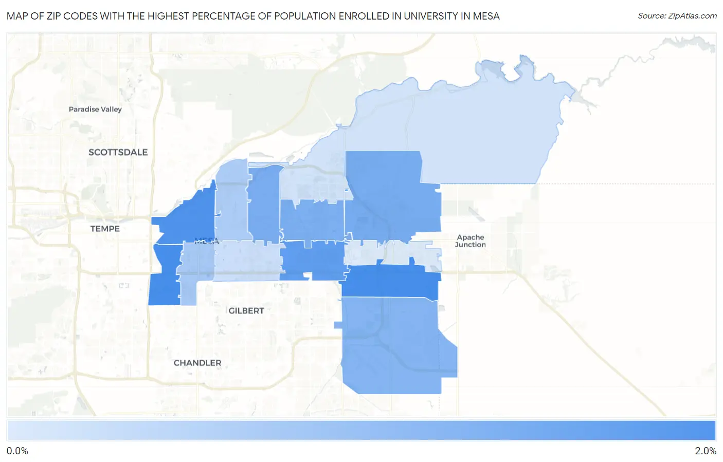 Zip Codes with the Highest Percentage of Population Enrolled in University in Mesa Map