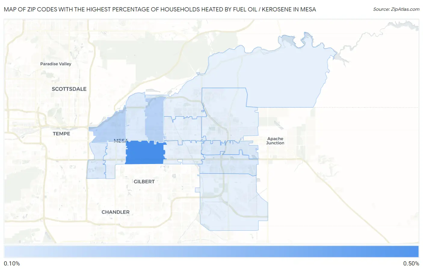 Zip Codes with the Highest Percentage of Households Heated by Fuel Oil / Kerosene in Mesa Map
