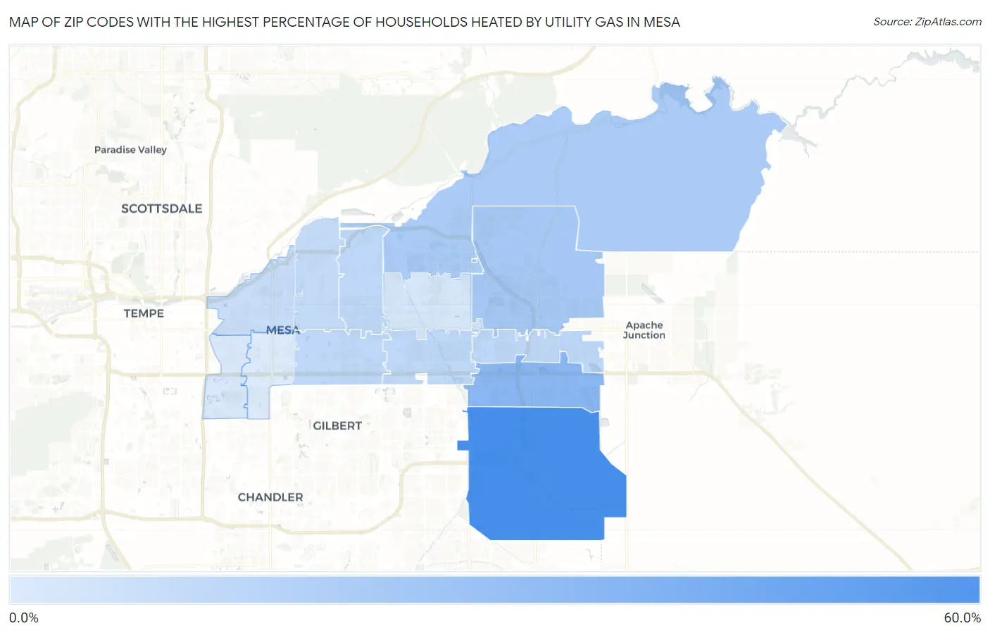Zip Codes with the Highest Percentage of Households Heated by Utility Gas in Mesa Map