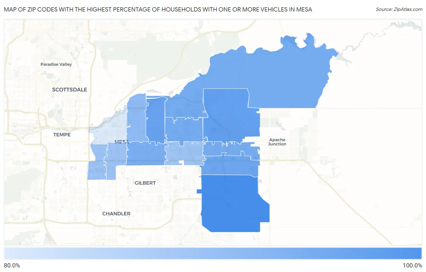 Zip Codes with the Highest Percentage of Households With One or more Vehicles in Mesa Map