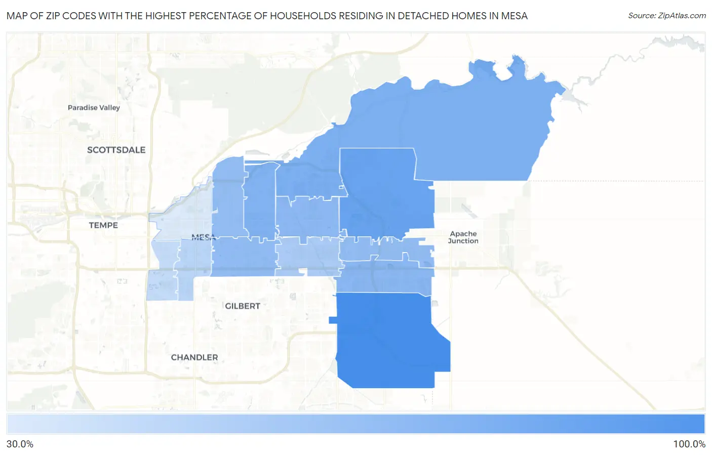 Zip Codes with the Highest Percentage of Households Residing in Detached Homes in Mesa Map