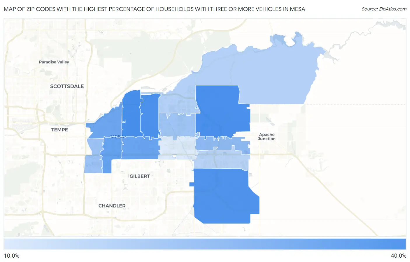 Zip Codes with the Highest Percentage of Households With Three or more Vehicles in Mesa Map