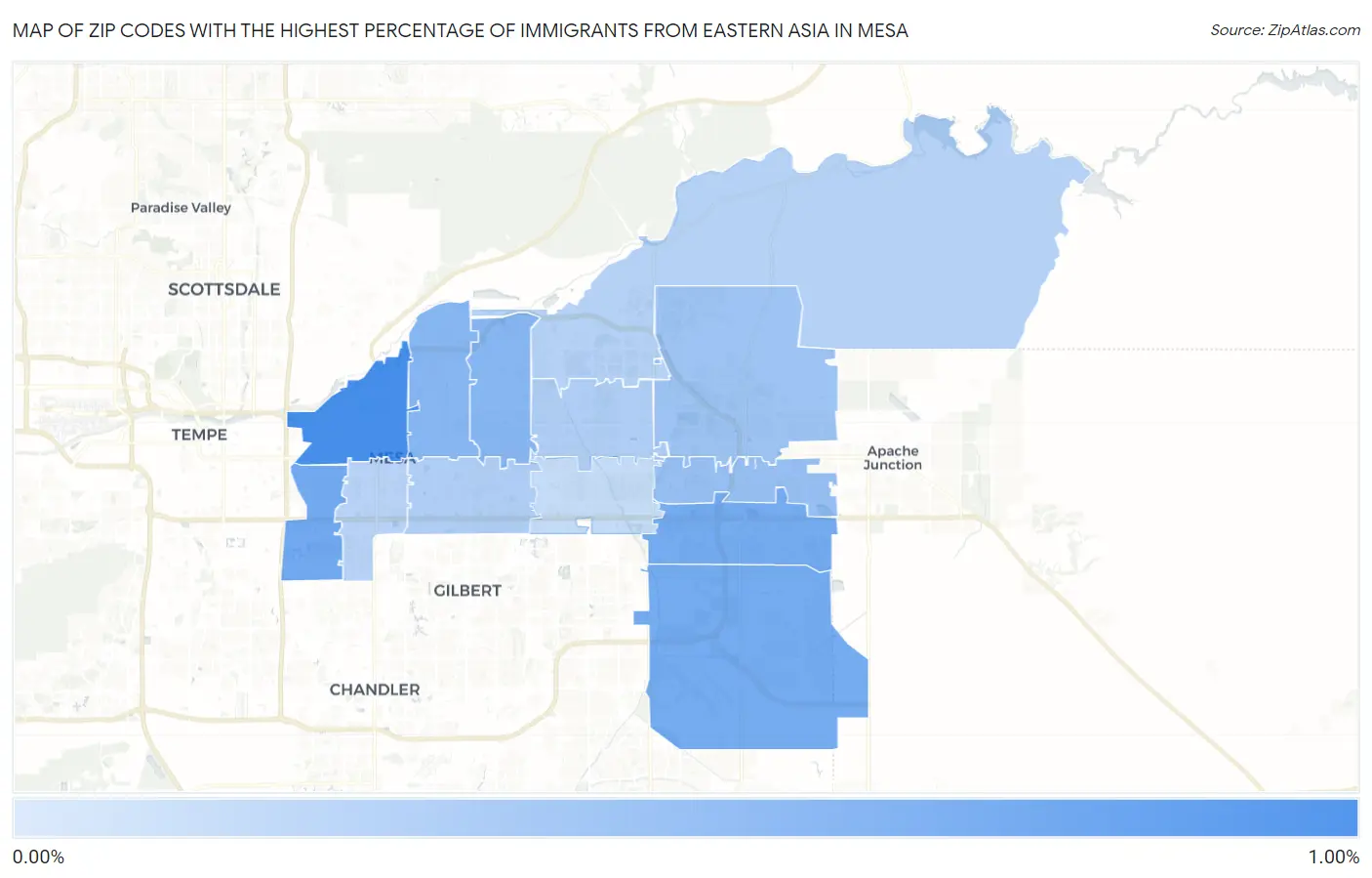 Zip Codes with the Highest Percentage of Immigrants from Eastern Asia in Mesa Map