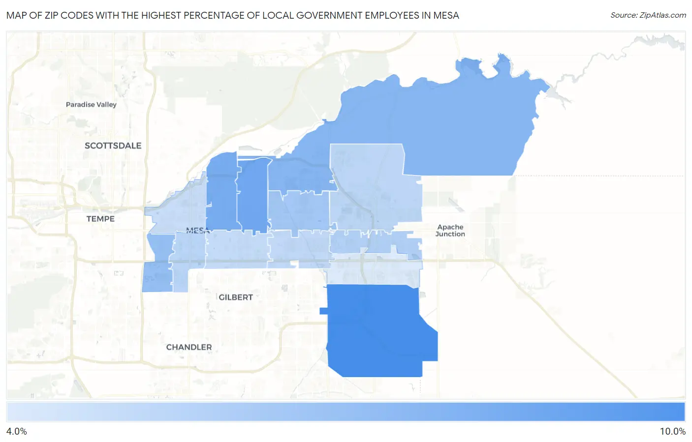 Zip Codes with the Highest Percentage of Local Government Employees in Mesa Map